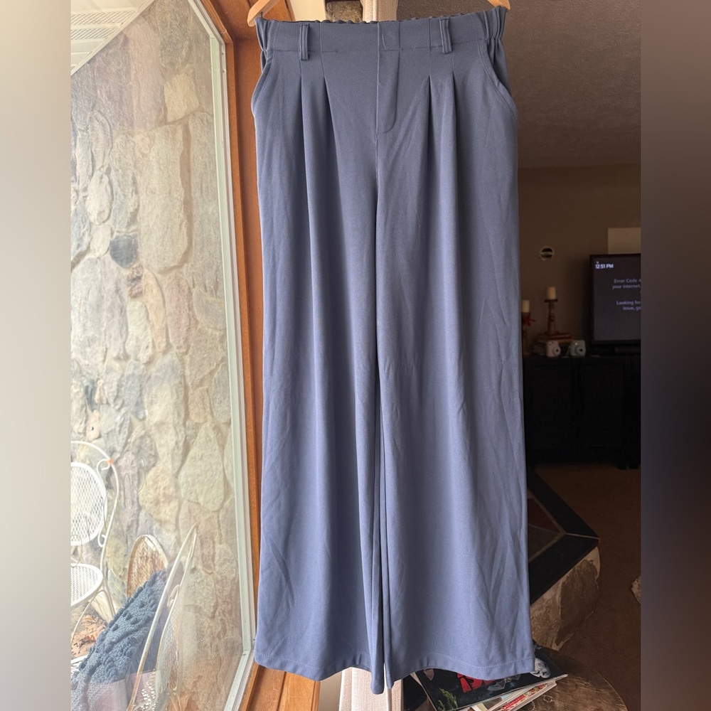 Halara waffle knit High-Waist Wide Leg Trousers in Dusty Blue